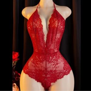 Red, Floral Lace, Lingerie Bodysuit